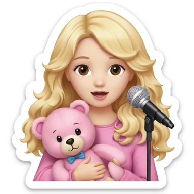 An emoji of a blonde female singer holding a plush pink teddy bear. She has long, wavy golden hair and is singing into a microphone with a passionate expression. The pink teddy bear is soft and fluffy, adding a cute and playful touch. A mix of glamour and sweetness sticker