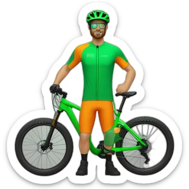 Mountain biker con bicicleta de color verde, pantalones de color negro, y camiseta de color naranja, sin mochila, y corriendo a mucha velocidad sticker