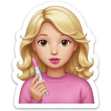 A long curled blonde haired girl with a pink sweater and holding a lip gloss sticker
