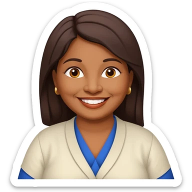 50 yr old chubby Sri Lankan woman, dark skin, straight brown hair, big smile, white teeth, european clothes, hair sticker