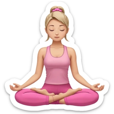 white woman with neat ponytail hairstyle, sitting in lotus position, meditating with closed eyes and serene expression, wearing pink yoga outfit sticker