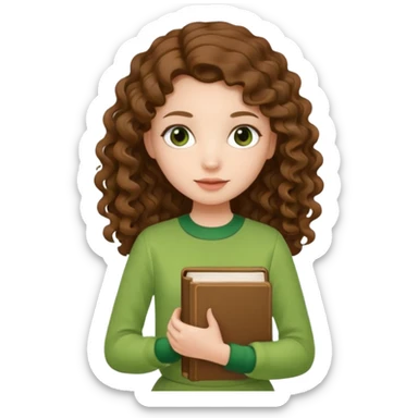 A girl with long brown curls and a green outfit holding a stacking book in her hand sticker