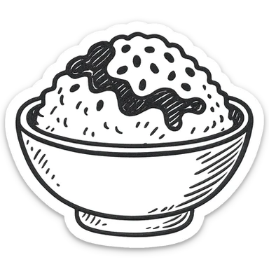 A dish of rice topped with black sesame seeds and soy sauce. sticker