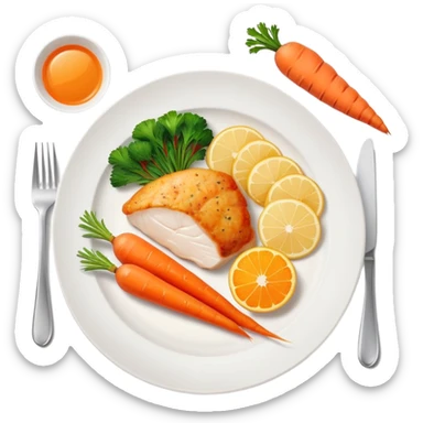 A plate with chicken, fish fillet, and bright orange carrots, with vitamin A nutrition labels sticker