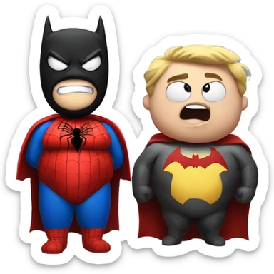 a fat spider man with a fat batman sticker