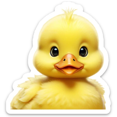 Cinematic Comical Yellow Baby Duck Portrait Emoji, Head tilted dramatically with an exaggeratedly amused expression, featuring a striking, fluffy yellow downy coat with a tiny quirky beak, wide, expressive eyes filled with playful disbelief, Simplified yet hilariously expressive features, highly detailed, glowing with a slightly sassy glow, high shine, dramatic yet playful, stylized with an air of cheeky mischief, bright and endearing, soft glowing outline, capturing the essence of a spirited and over-the-top duckling, so meme-worthy it feels like it could peep its way into internet fame instantly! sticker