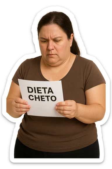 donna realistica leggermente in sovrappeso che legge un foglio con la scritta "dieta Cheto", sfondo bianco, iperrealistica 4k, IPERREALISTICA 4K sticker