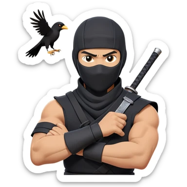 clash-of-clans-aesthetic_-cinematic-mysterious-male-ninja-portrait-emoji, rendered in a flat, vector-style with minimal shading and bold, simplified shapes, his arm is stretched out  with a head slightly turned revealing intense, focused eyes. the ninja has his arm out and perched on top of his forearm is  a black crow sticker