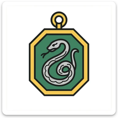 digital sticker of a Slytherin locket with ornate silver and green details, semi-realistic vector art style, clean outlines, flat colors, slight shadows, for a sticker sheet sticker