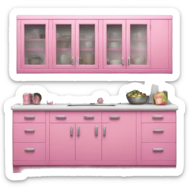 Realistic front facing bubblegum pink kitchen with hanging cabinets.  sticker