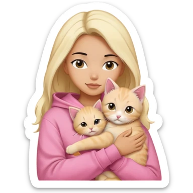 pretty woman wear pink hoodie and her hair is black..hugs a blonde kitten  sticker