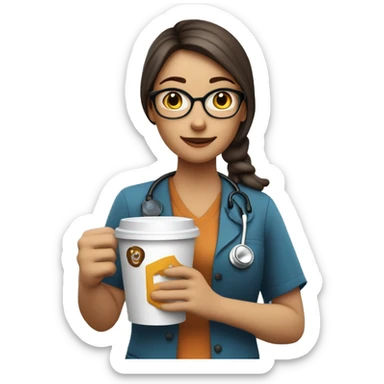Medium light girl wearing scrap and stethoscope with a Longs logo on her scrap holding cup of coffee ￼ sticker