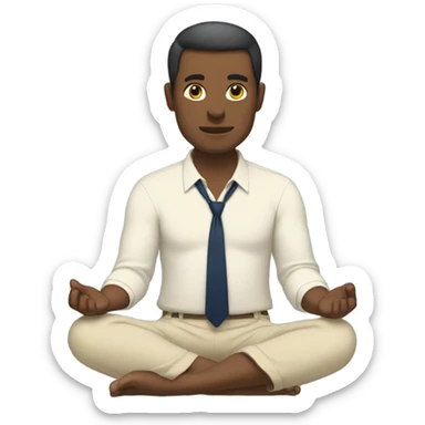 man meditating sitting down with cream dress shirt and navy blue pants . no tie sticker