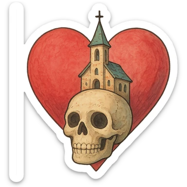 ghibli style heart, skull, and church combined as one symbol sticker