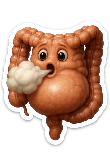 emoji stile iphone di un intestino che ingoia una nuvoletta di aria ben visibile e gli si gonfia la pancia, non fargli il naso, iperrealistico 4k sticker