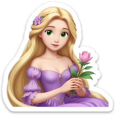 Cinematic Realistic Rapunzel Portrait, with porcelain-like skin featuring a subtle, natural glow, illuminated by soft lighting that brings out the gentle contours of her face. Her long, golden blonde hair cascades in detailed waves, each strand highlighted with a radiant shimmer as it catches the light. She playfully holds a flower in one hand, her other hand resting casually in her lap, with a warm and spirited expression. Her bright, expressive green eyes exude curiosity and warmth, framed by delicate lashes and soft, arched brows. She is dressed in her classic lavender and pink gown, the fabric textured with delicate folds that flow naturally, catching the light with a soft, radiant glow. The portrait captures a luminous, enchanting aura, seamlessly blending realism with a whimsical, fairytale charm, evoking a timeless sense of beauty and magic. sticker
