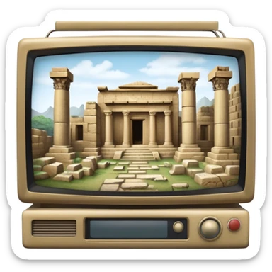 Icon for Documentary Film (TV style): A large TV screen with a host presenting in front of video footage showing ancient ruins. The design should evoke a vintage TV broadcast with historical content, complete with a clear view of the host and the ruins behind. Transparent background. sticker