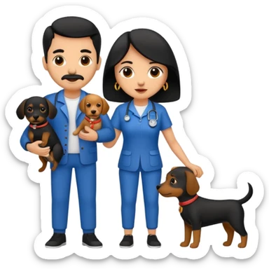 Pareja hombre y mujer, pelo negro ambos, y con dos perritos pincher en sus brazos sticker