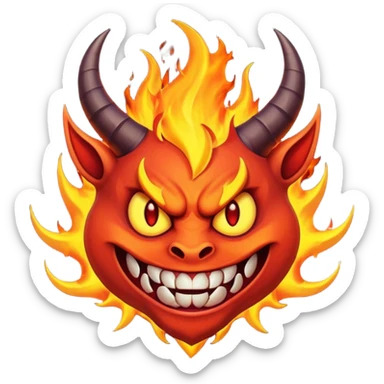 Create a dark-themed emoji of a demonic face with sharp, curved horns, glowing white eyes, an evil grin with large pointed fangs, and abstract flame-like patterns around the face. The background should be pure black. sticker