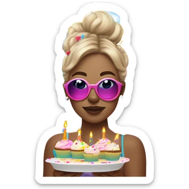 birthday girl celebrating Accessories:
Bright, multi-colored balloons floating nearby.
Confetti raining around her in vivid shades of pink, blue, yellow, and green.
A cupcake or slice of cake with a single lit candle in hand. sticker