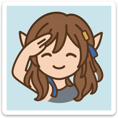Create an emoji of a character saluting with right hand raised in military salute. Keep long brown hair, golden clips, blue ribbons, and pointy ears. Use a gentle pastel look. Remove the orange hand from the original image. Use a simple light blue background. Style should be emoji-like and simple. sticker