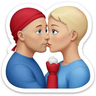 middle aged bald man with salt and blonde scruff, blue eyes and short haired blonde woman with blue eyes kissing each other sticker