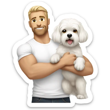White muscle guy holding small white Maltese dog sticker