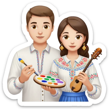 a guy in a white Ukrainian embroidered shirt and a girl in a white Ukrainian embroidered shirt, holding music and a paint palette sticker