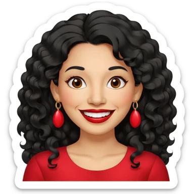 40 yr old peruvian woman, wavy/curly long black hair, red lipstick, big smile, white teeth, brown eyes, hoop earings, side part to hair, round face sticker