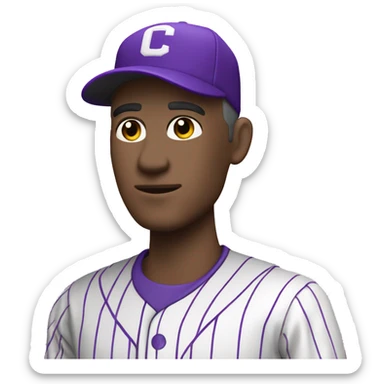 baseball card character. white male. letter C logo. Purple and white uniform.  sticker
