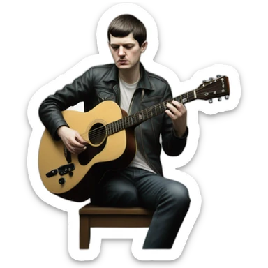 Hyper realistic Ian Curtis, playing guitar, full body view sticker