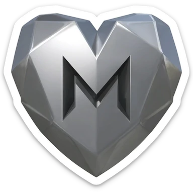 Detailed 3D emoji based on: a large heart shape composed of solid, cold grey industrial steel with sharp geometric facets and subtle brushed texture. Centered exactly in the middle of the heart is a, geometric letter 'M' made of blackened titanium with a contrasting matte finish. Soft lights sticker
