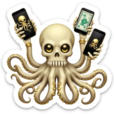 satanic octopus skeleton. Evil looking eyes, wearing a gold necklace. 2 tentacles are holding their own cellphones, 2 other tentacles are holding stacks of money sticker