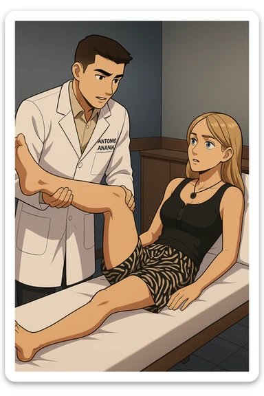 fai un webtoon/manga a colori con questo kinesiologo in camice bianco (fagli la scritta "ANTONIO ANANIA" SUL CAMICE) CHE SVOLGE UN TEST NEUROMUSCOLARE SOLLEVANDO UNA GAMBA ALLA RAGAZZA CHE è STESA SU UN LETTINO BIANCO. DURANTE IL TEST I DUE DIALOGANO TRA LORO. NON FARE I FUMETTI, FAI SOLO LORO COME SE DIALOGASSERO sticker