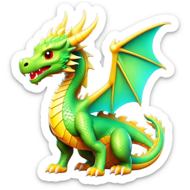 Clash of Clans aesthetic: Cinematic fierce Dragon Emoji, rendered in a 3D vector-style similar to standard emojis with minimal shading and bold, simplified shapes. A compact, isometric dragon with majestic wings and intricately scaled details, softly glowing with a legendary, mythical charm. Simplified yet unmistakably iconic, highly detailed and consistent, glowing with a soft radiant brilliance and high shine. Stylized with a touch of fantastical might and a soft glowing outline, capturing the essence of a mighty dragon with a friendly, playful demeanor! sticker