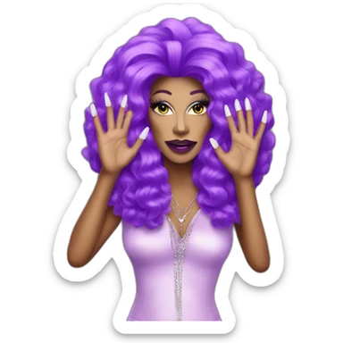 drag queen showing hand with large nails and big purple wig sticker