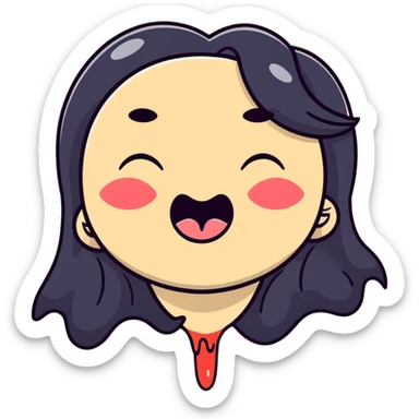 surprised and disgusted face with long black hair, goopy white liquid on cheeks, lips, and tongue, tongue sticking out, eyes shut, expressive cartoon look sticker