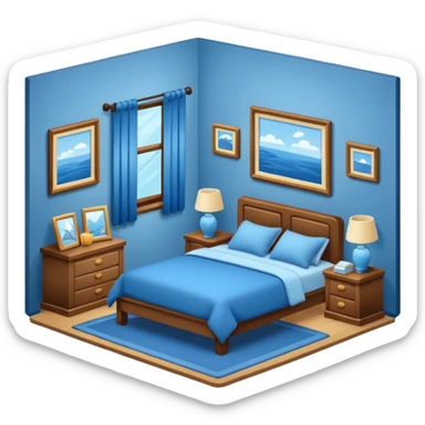 Genérame un cuarto super cozy con tonos azules que estén perfectamente recogido sticker
