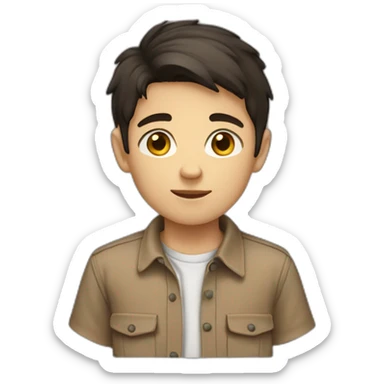 short dark hair white young boy in brown button up shirt with a tshirt under sticker