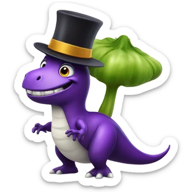 Smiling eggplant with a top hat and riding a dinosaur sticker