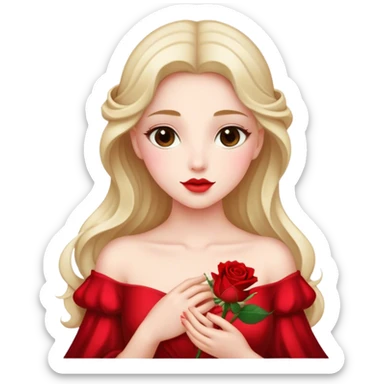Cinematic Elegant Aurora Portrait Emoji, Delicately holding a single red rose, gazing with soft wonder, lips gently parted as if about to sing, the picture of grace and elegance, glowing with royal charm! sticker