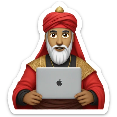 A caliph with turban and red clothes writing in a laptop sticker