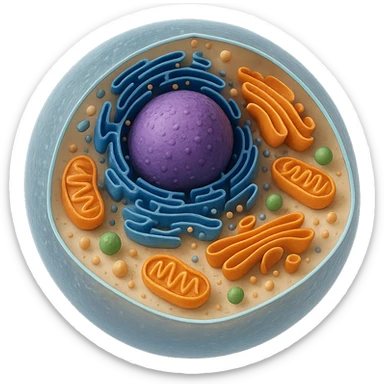 3D biological cell with visible organelles including nucleus, mitochondria, endoplasmic reticulum, and Golgi apparatus, cutaway view sticker
