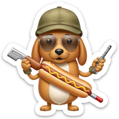 un hot dog con gorra y lentes de sol ray ban aviator con armas sticker