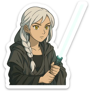 a closeup portrait of young woman with gold yellow eyes, white hair, long braid, black off-shoulder top, punk gothic style, futuristic cyberwave cyberpunk,  jedi attire and posture robes of a padawan, foreweilding a bright blue-green lightsaber sticker
