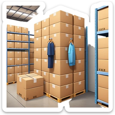 warehouse with stacked clothing boxes, fashion supply chain theme sticker