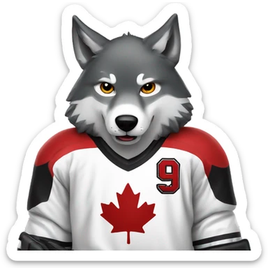 A wolf plays hockey in a black and white red uniform with a wolf emblem on his chest sticker