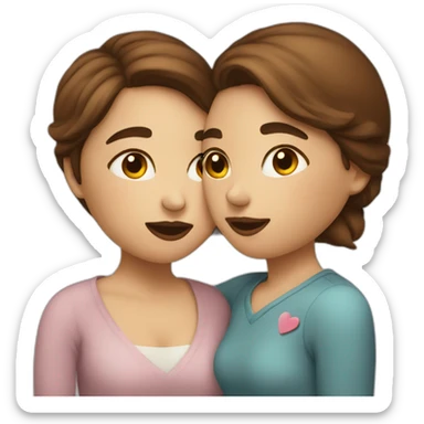 Two women with brown hair kissing with heart sticker
