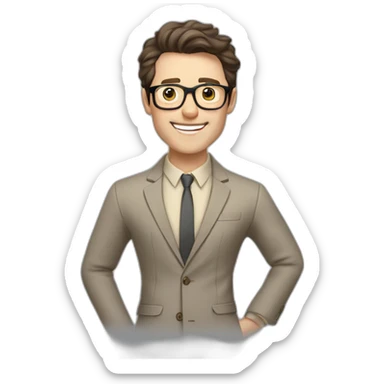 Joyful Pale skinned Fit Man With dark brown hair in gray jacket, beige office shirt, Brown pants and vintage glasses. His thrumbs up sticker