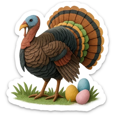 very detailed wild turkey in paper craft style, intricate cut paper textures, iridescent feathers, fanned tail, standing in spring grass with Easter eggs nearby sticker